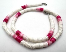 Bohemian Pink White Puka Shell Necklace 18 in