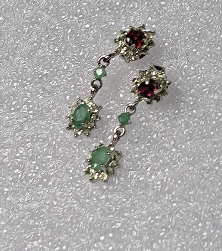 925Silber OHRRINGE Stecker HÄNGER Echte Edelsteine Smaragd Rhodolith 14k Vergold - Bild 7 von 8
