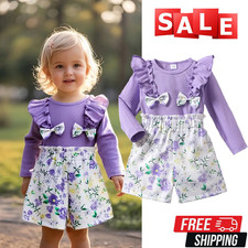 2Pcs Infant Baby Girls Outfits Ruffles Long Sleeve Shirt Floral Shorts Clothes