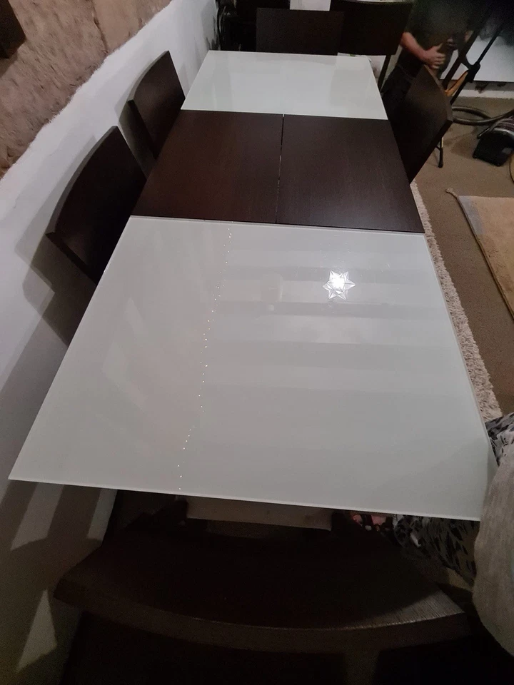 Ligne Roset Dark Wood and Milk Glass Extending Dining Table With 6 Chairs - Image 4 of 4