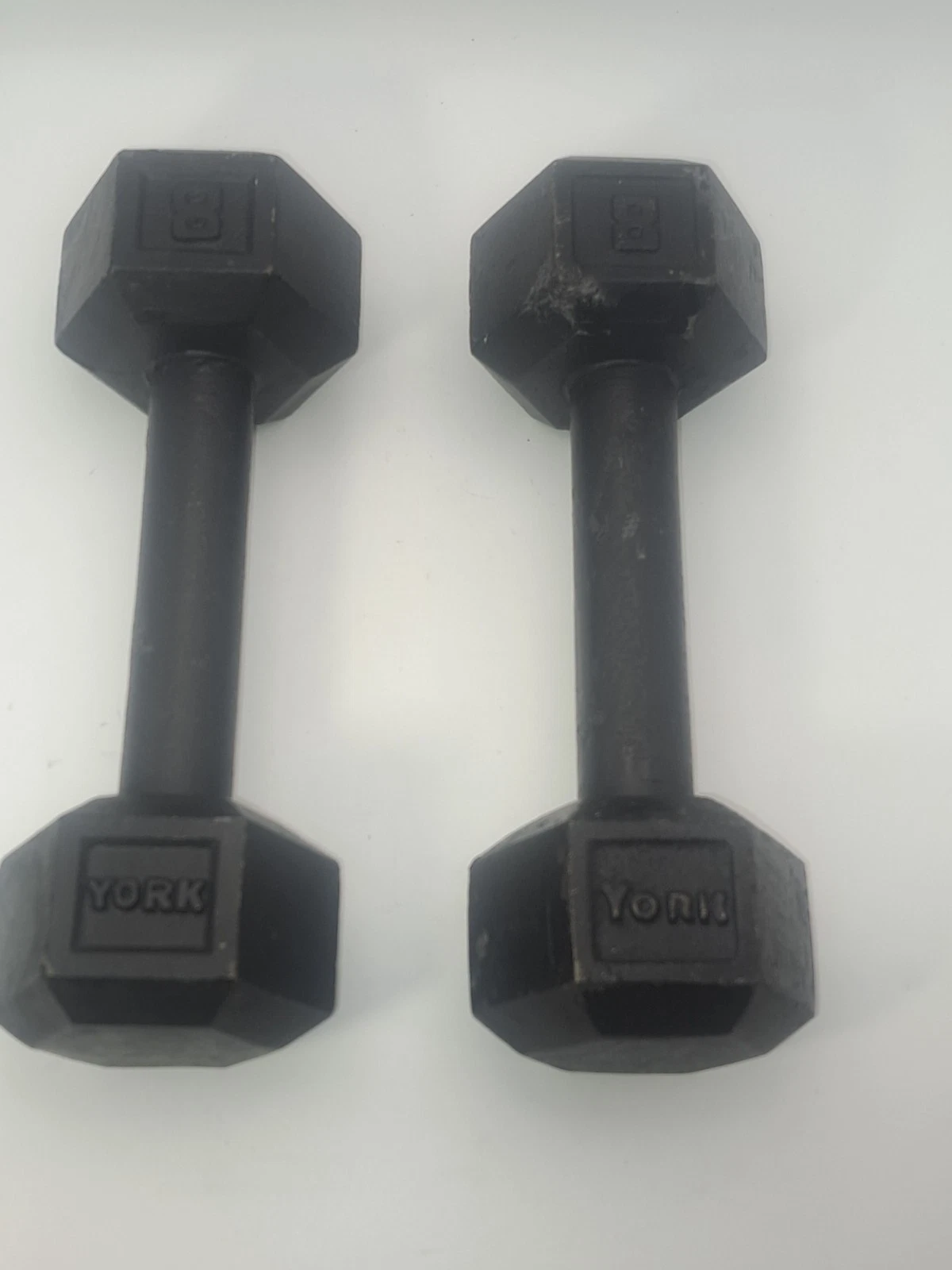 2 Vintage York Pre USA 8 lb. Hex Cast Iron Dumbbells
