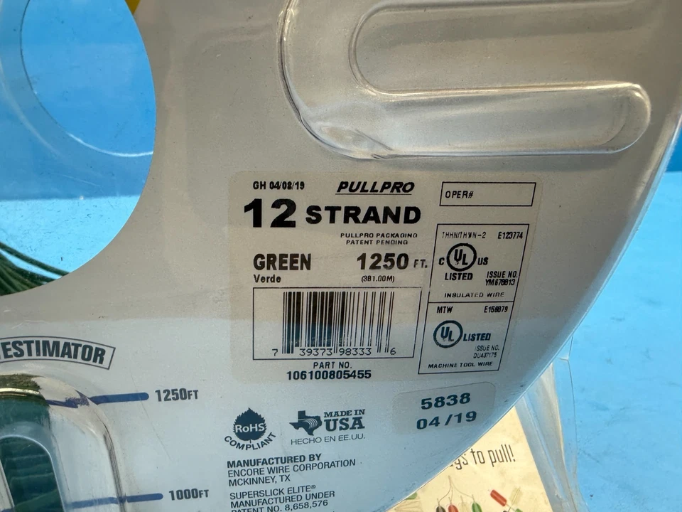 Cable de cobre de construcción verde PullPro Encore Wire 106100805455 1250 pies THNN/THWN-2 Foto 2 de 3