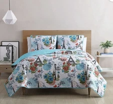 VCNY Home Eiffel 3-Piece Blue Parisian Floral Reversible Quilt Set, King