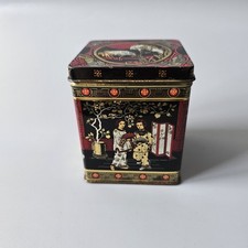 Vintage Oriental Tea Caddy Tin Black Gold Red Retro Collectable 1970’s