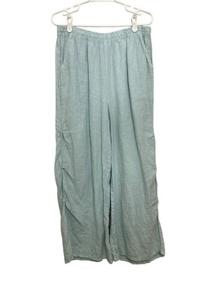 Match Point Linen Wide Leg Pants Sz L Light Blue Lagenlook Relaxed Baggy VTG