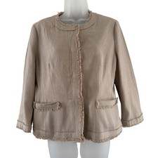 Ann Taylor Jacket Womens 12 Beige Fringe Trim Tweed Blazer Collarless