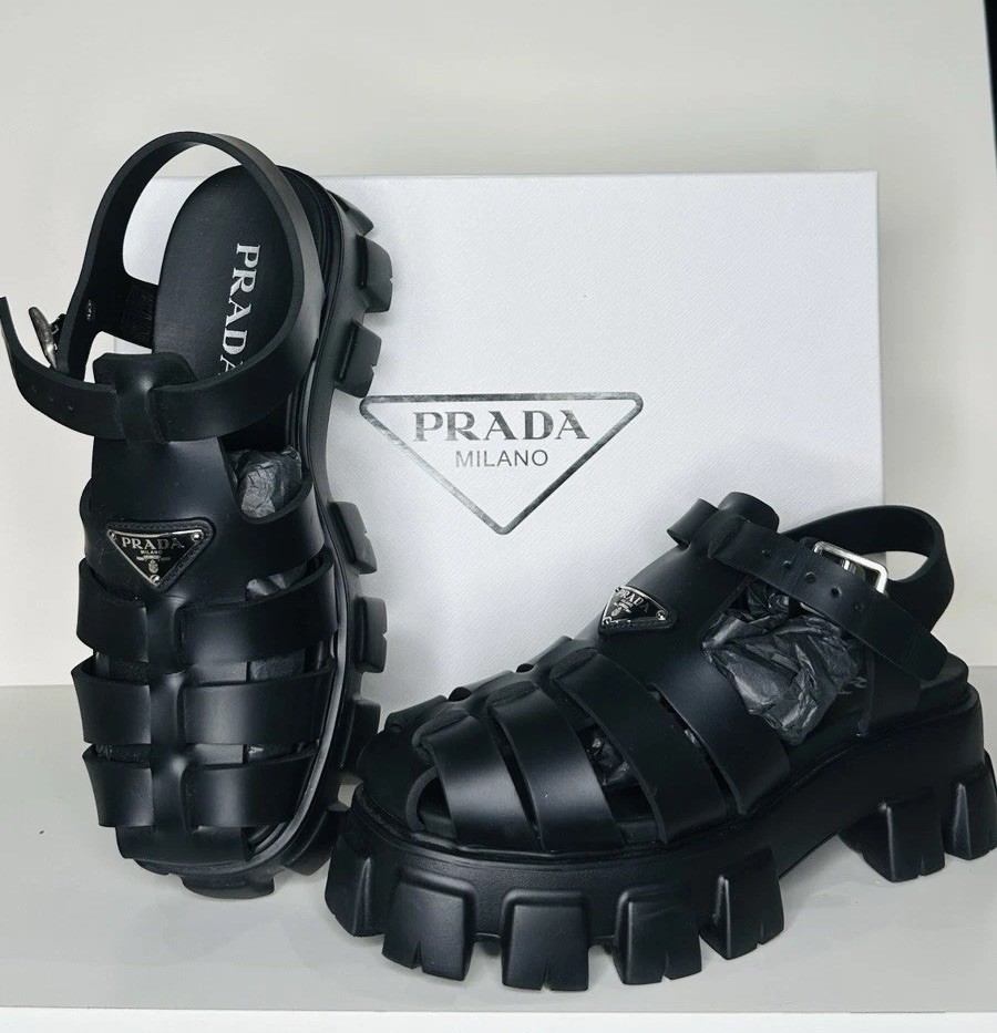 PRADA Shoes Men Size 7 IT 41 Black Leather Monolith Rubber Sandals
