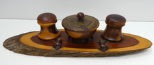 VINTAGE AUSTRALIAN MULGA WOOD DESK SET INK WELLS ON STAND TRAY