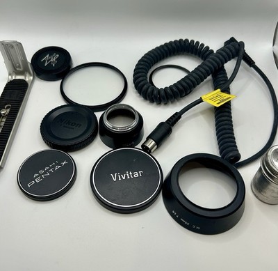 Vintage Camera Accessory Lot Nikon Pentax Vivitar Caps Rings Flash Cord