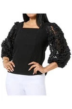 Antthony Women's Solid Mixed Media Square Neck Top Black