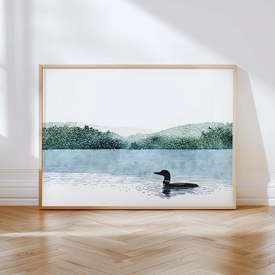 Loon on Misty Lake Poster   Blue Green Minimalist Watercolor Nature Wall Art