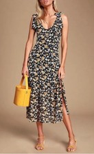 LULU’S BLACK FLORAL CHIFFON MIDI MAXI DRESS TIE SHOULDERS SMALL V NECK