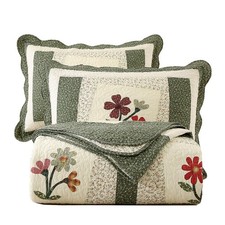 Farmhouse Green 3 Piece Embroidered Floral Quilted Bedspread Quilt Set 100 C...