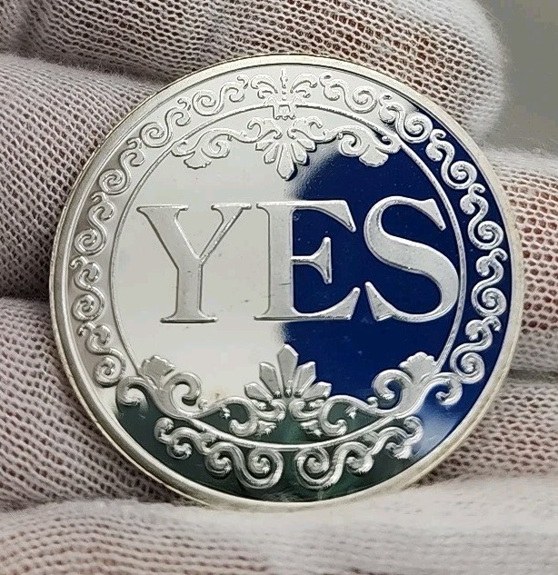Yes or No Flip Challenge Coin Encased in Acrylic Plastic