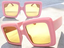 Oversized Exaggerated Vintage Retro Style SUNGLASSES Large Big Square Pink Frame