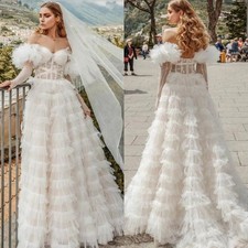 Sexy Wedding Dresses Off Shoulder Illusion Cross BridalGown Tiered Ruffles Train