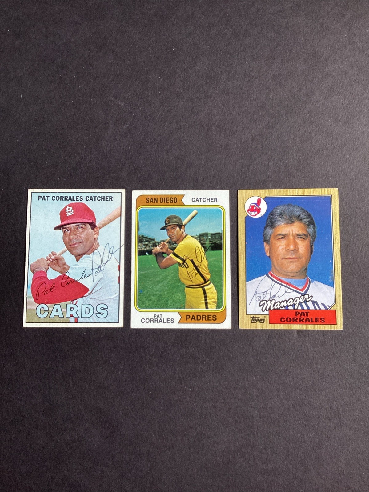 Pat Corrales Autographed Topps 3 Baseball Card Lot Cardinals Padres Indians MLB