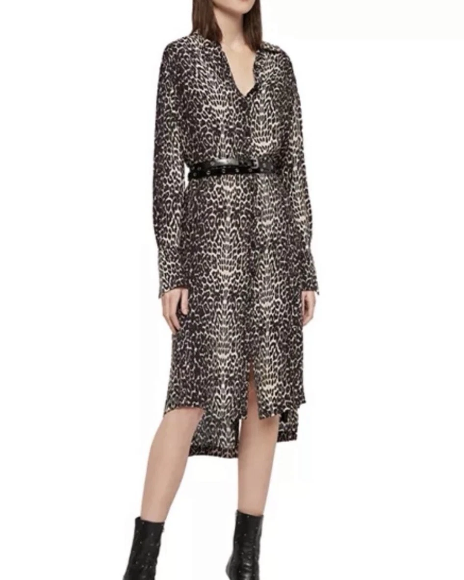 anya feline shirt dress ALL SAINTS ANYA FELINE BROWN LEOPARD PRINT LONG SLEEVED SHIRT DRESS SI Whispers Dress Agency