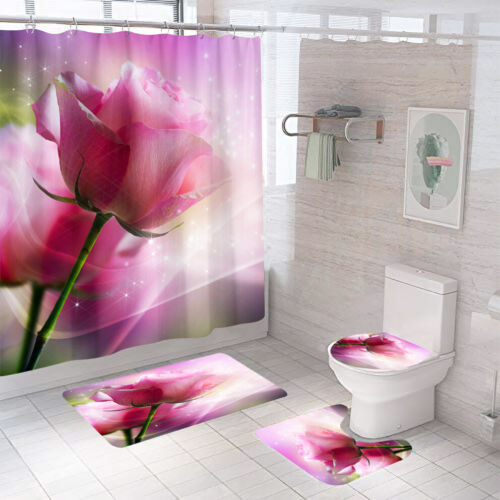 Rose Bathroom Rug Set Shower Curtain Thick Non Slip Toilet Lid Cover Bath Mat 