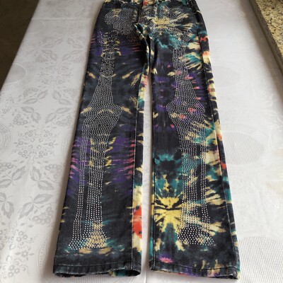 MNML Skeleton Sequins Rhinestones Multicolored Denim Jeans Pants Unisex Size 28