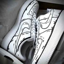 Air Force 1 Custom White Shoes Black Bold Sketch Outline Comic Cool Graffiti Art