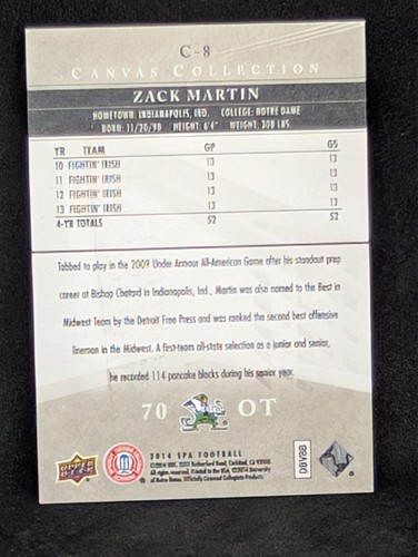 ZACK MARTIN Cowboys Notre Dame 2014 SP Authentic Canvas Collection #C8 RC - Picture 2 of 3