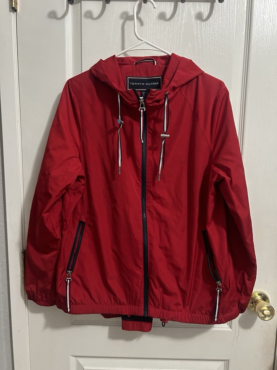 Tommy Hilfiger Red Hooded Jacket Rain Coat Zip Pockets Lined