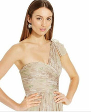 Adrianna Papell Gown Sz 4 Champagne One Shoulder Floral Print Chiffon Prom