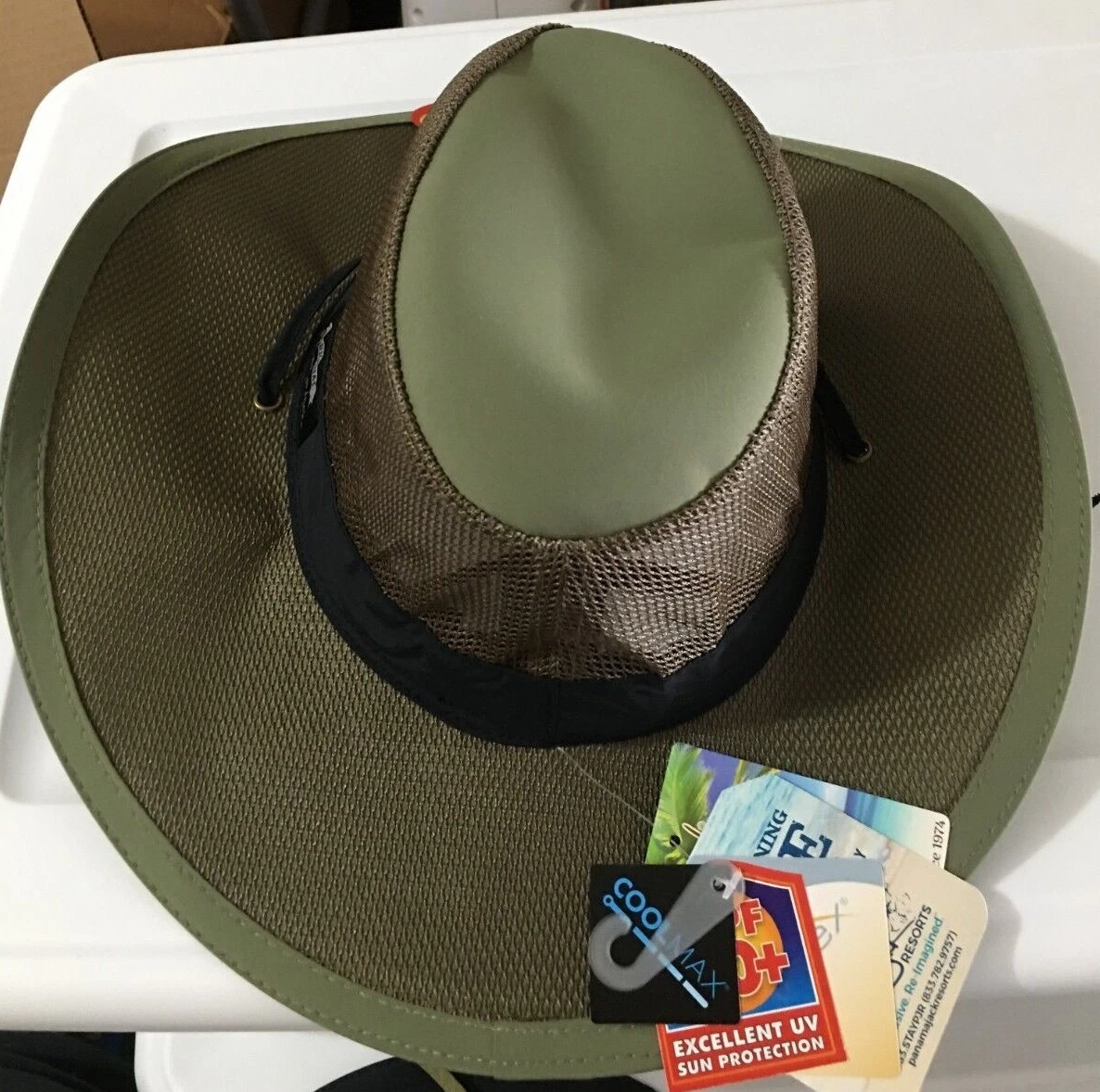 Panama Jack Green Mesh Crown Safari Sun Hat 3" Brim Chin Cord Packable SPF 50+