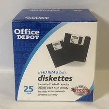 NEW SEALED 25 Office Depot 2HD IBM Formatted 3.5” Floppy Disks Diskettes 1.44 MB
