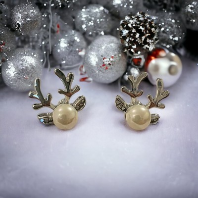 Hirsch Rentier Ohrstecker Perle Silberton Winter Mode Schmuck Weihnachten