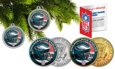PHILADELPHIA EAGLES Colorized JFK Half Dollar 2-Coin Set NFL Christmas Ornaments