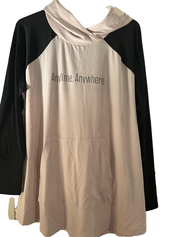 LulaRoe Graphic “Anytime. Anywhere.” Black/Light Mauve Amber Hoodie 2XL