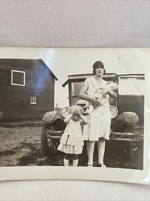 Vintage Black & White Photograph Woman Holding Baby Little Girl Model T Car