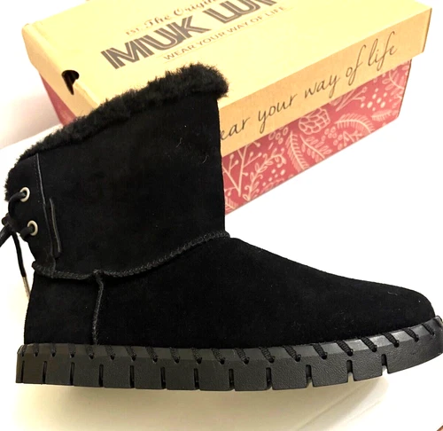 Muk Luks Booties Boots Size 7 Black Suede Lace Up Backs Water Repellant NIB