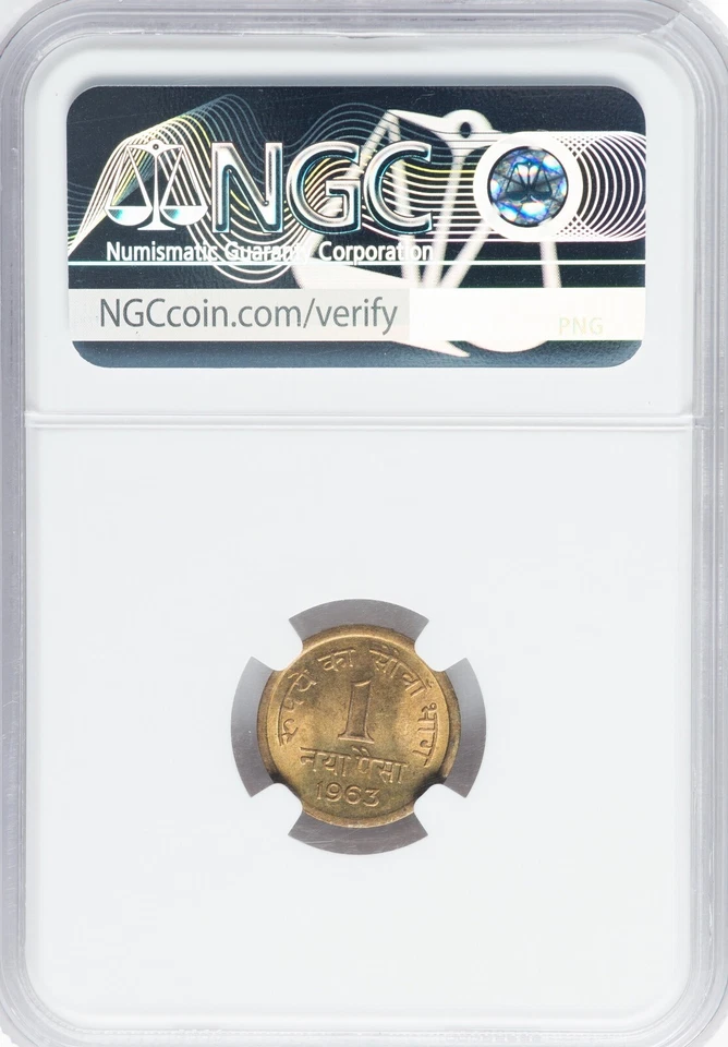INDIA , 1 PAISA 1963 C - NGC MS 66 - TOP POP (24) , RARE - Image 2 of 2