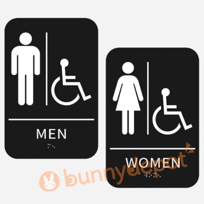Men + Women Restroom Sign ADA Braille Self Adhesive with 3M Tape 9'' x 6''