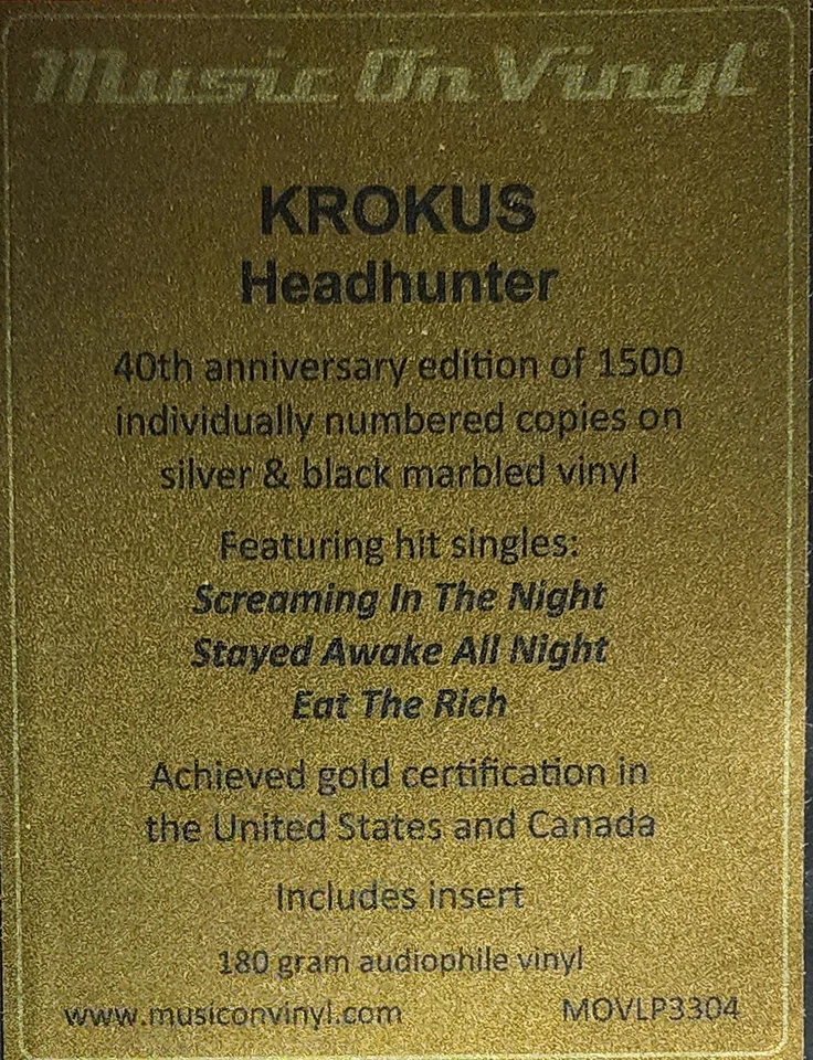 Krokus - Headhunter - New 1 180 Gram LP Silver & Black Marbled Vinyl  - Image 3 of 3