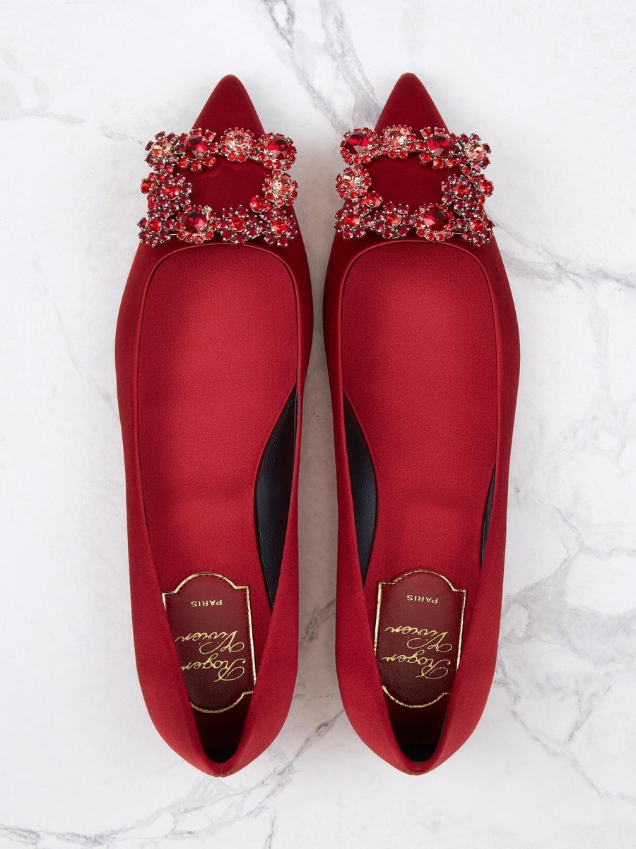 Roger Vivier Red Flower Strass Buckle Ballerinas Satin New