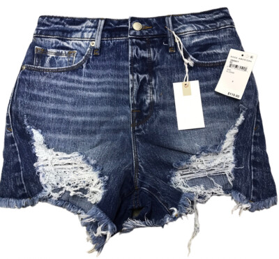 Good American bombshell cutoff denim shorts blue distressed high waisted Sz 0/25