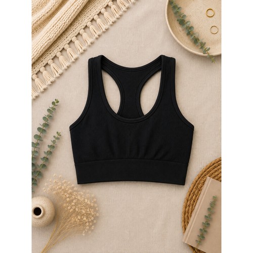 Aerie Women’s Seamless Ribbed Racerback Sports Bra Black Athleisure SZ M