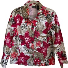 Chico s Additions Button Front Jacket Sz L Floral Animal Print Long Sleeves