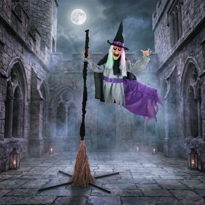 79''/200cm lebensgroße animierte fliegende Hexe Halloween Deko Outdoor Indoor