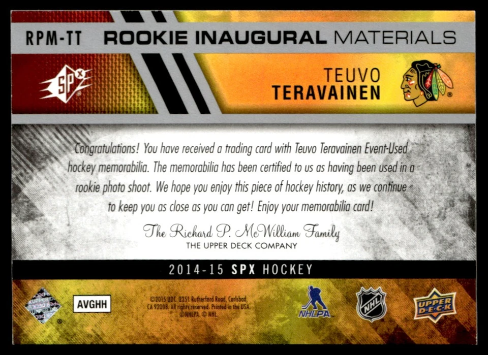 2014-15 SPx Rookie Inaugural Jerseys Teuvo Teravainen Rookie #RPM-TT - Image 2 of 2