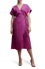 MNG Mango Wrapped Bodice Linen Dress Sz 10 Purple V Neck Cap Sleeves Belted