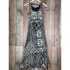 Lucky Brand XS Black Ivory Camel Print Patchwork Maxi Dress Lace Beaded Boho