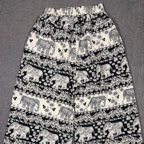 Elephant Print Wide Leg Boho Pants Black White Smocked Waist Festival Culottes image 4