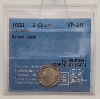 1858 Canada 5 Cents Silver CCCS Graded VF 20 Small Date