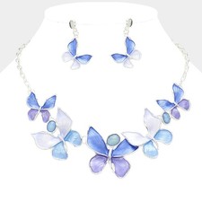 Blue Crystal Butterfly Women's Necklace Set Silver Plated New Summer Favorite