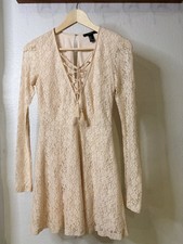 FOREVER 21 Beige Lace Up V-Neck Long Sleeve Short Skater Dress S Bohemian